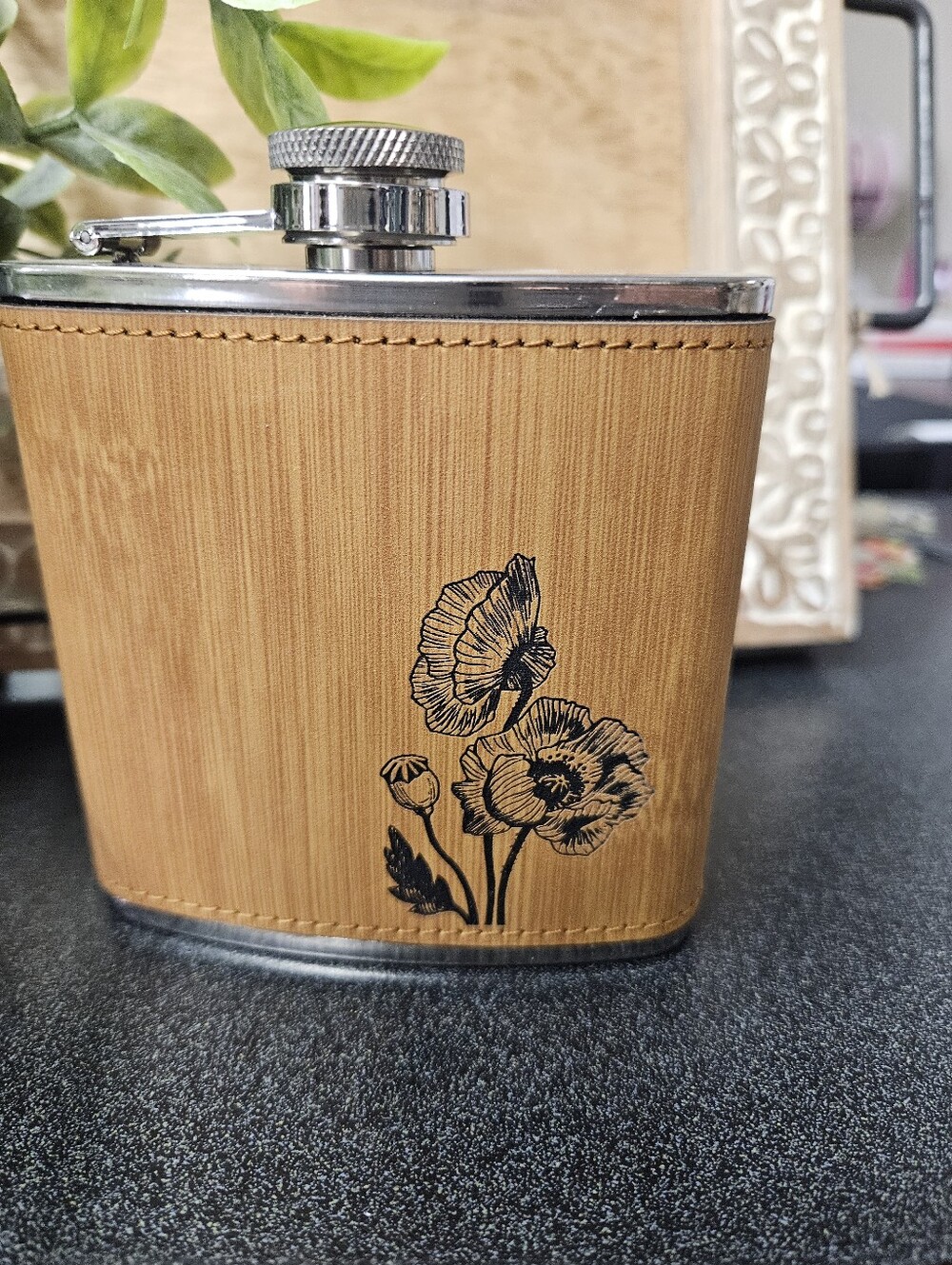 Faux Leather Wrapped Flask With Poppy Floral Design